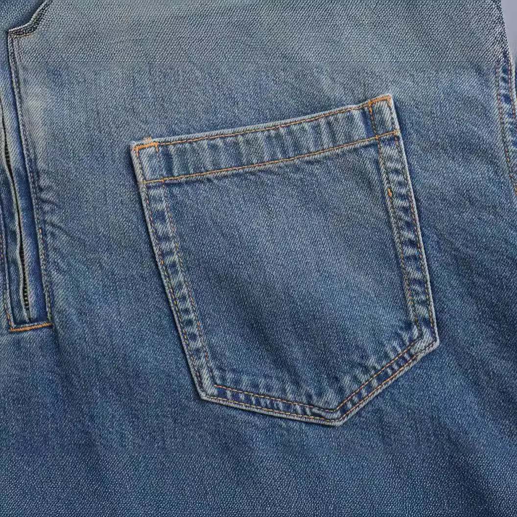 فستان نسائي قصير بأكمام طويلة من الدنيم مع جيب ، ياقة طية صدر ، سحاب أمامي ، فساتين كبيرة الحجم ، موضة نسائية