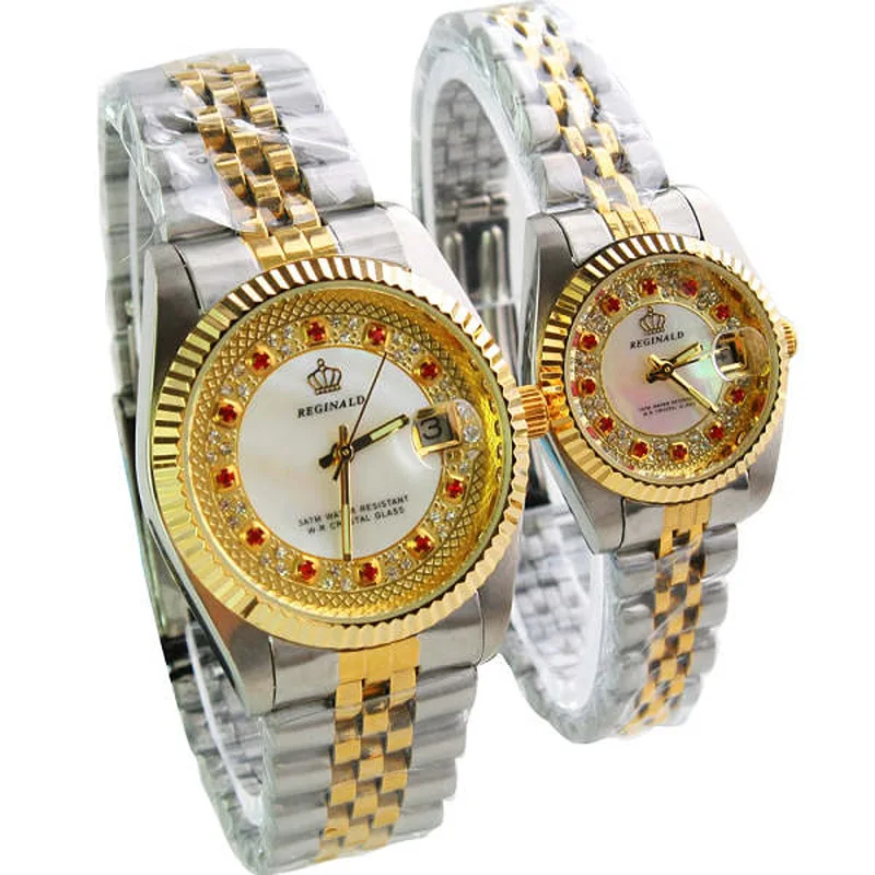 

HK Luxury Brand Fashion Rhinestone Man Woman Lovers quartz Calendar Clock Top Quality Stainless Gold steel Dress Wrist watches