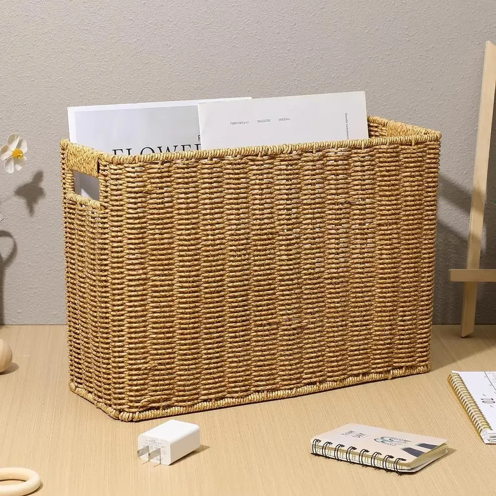 Woven Seagrass Magazine Holder Narrow Rectangular Wicker Basket Floor Organizer for Home Office Coffee 38 15 26cm, Light Brown