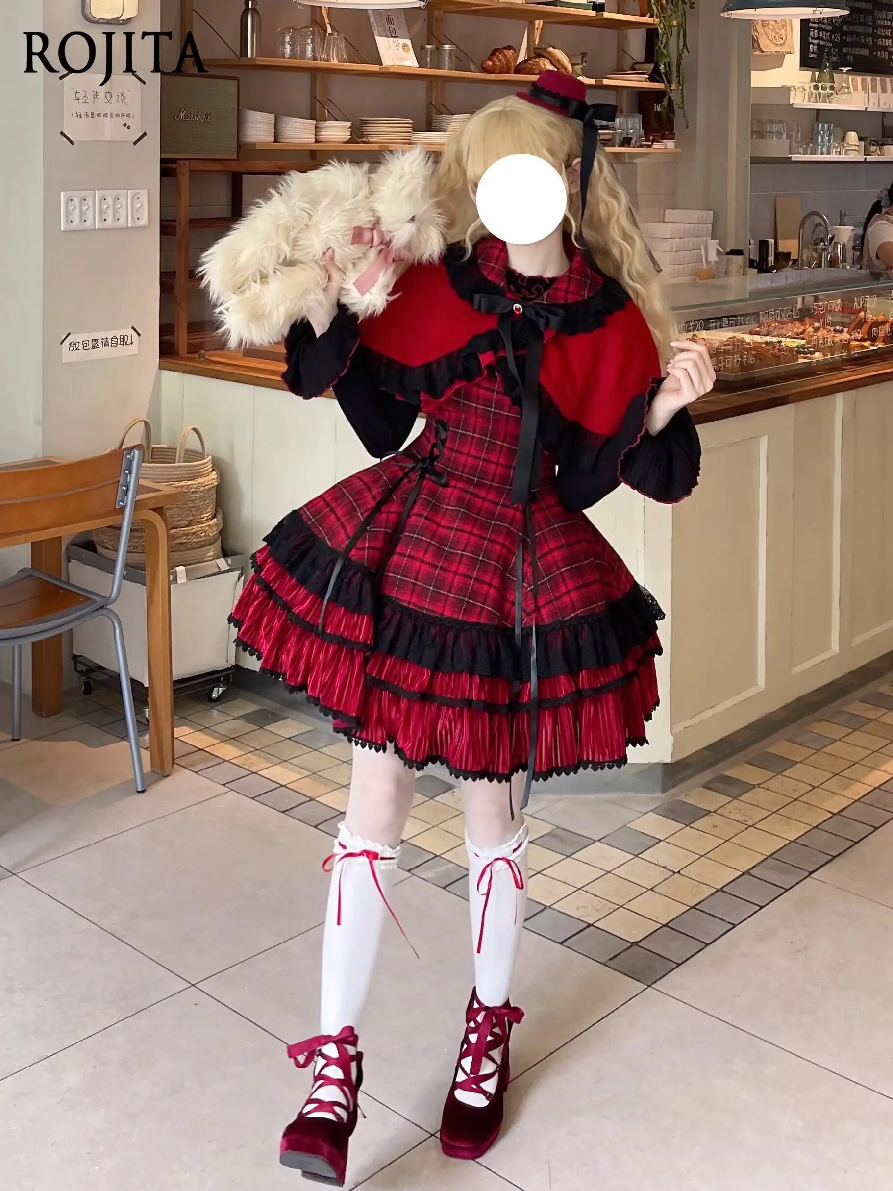 

Autumn Winter Lolita Cake Dress Women's Sweet Set Red and Black Suspender Dress + Inner + Shawl +Skirt Support