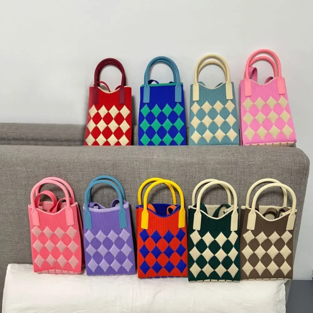 Fashion Geometric Pattern Women\'s Knitted Handbag Female Woven Shopper Purse Design Chain Shoulder Crossbody Bag