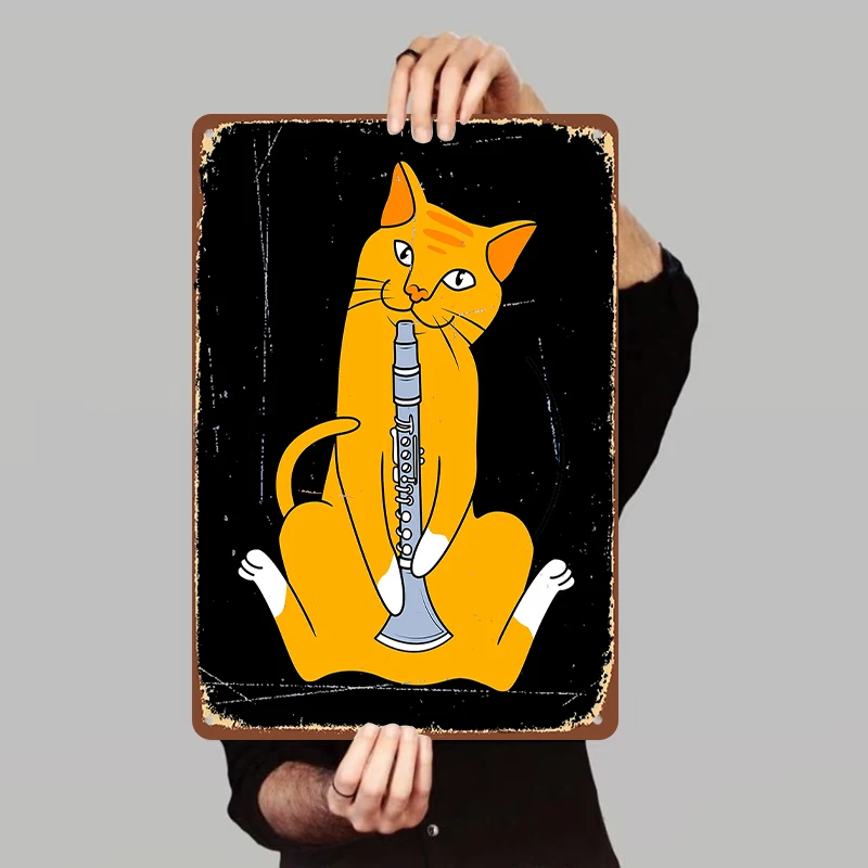 Cartoon Cat Playing Clarinet Creative Metal Wall Art Home Decor for Living Room Bedroom Study