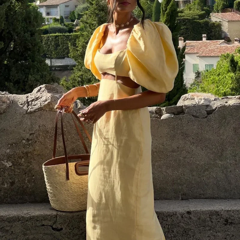 Mulheres puff manga vestido de festa senhoras 2025 cintura oca alta rua vestido de verão elegante sólido gola quadrada férias vestido longo