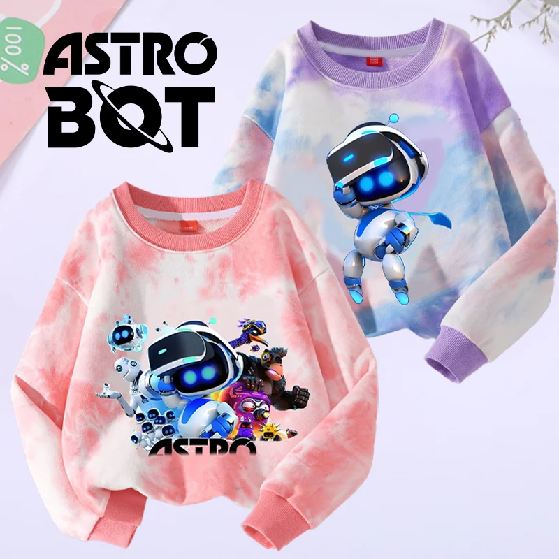 Astro Bot Children Hoodies Kawaii Game Cartoon Printed Sweatshirt Kids Casual Sports Tops Tie-dye Clothing New Boys Girl Clothes