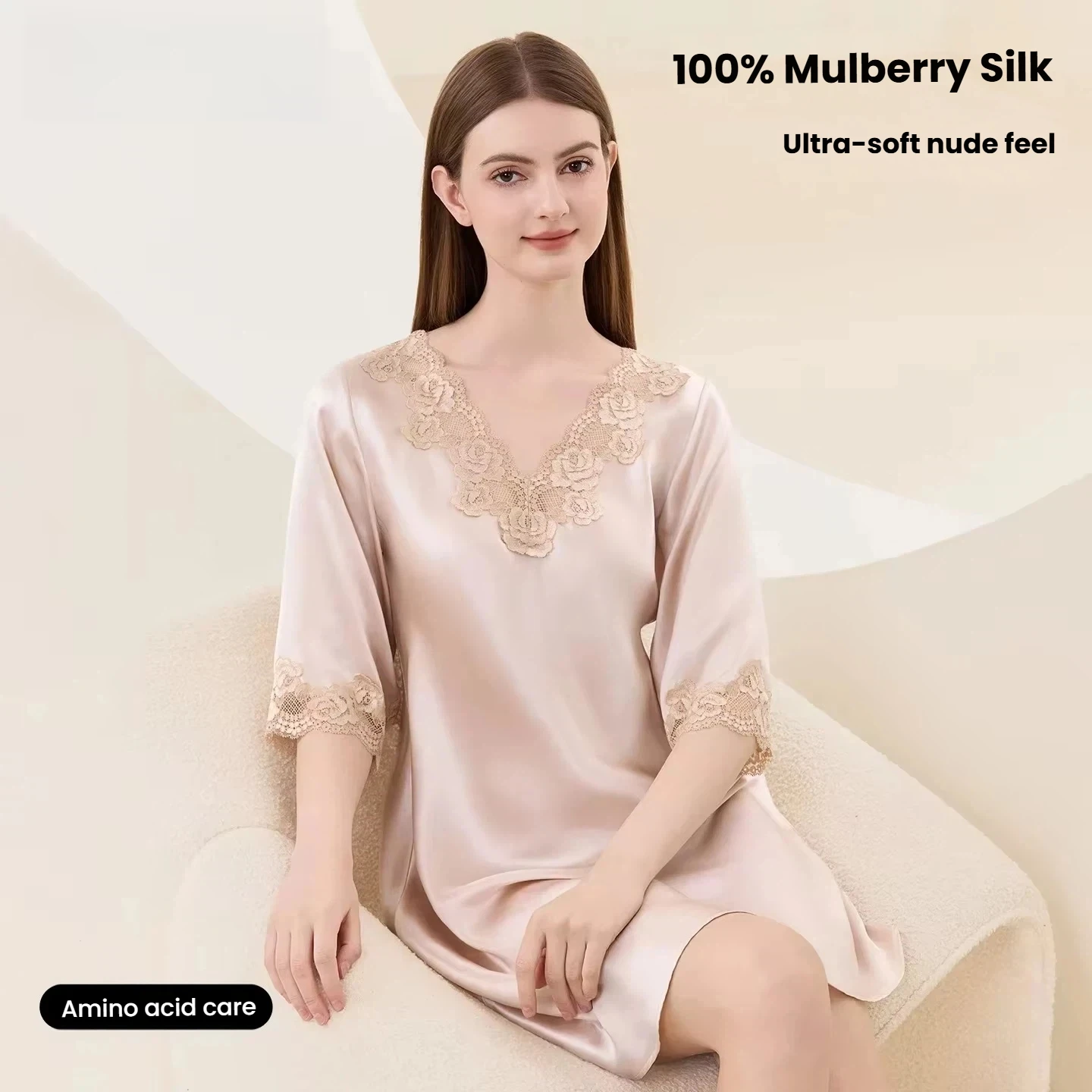 

2026 New 100% Mulberry Silk Nightgown Women Summer Thin Short Sleeve Lace Edge Pajamas Elegant Loungewear Outerwear Dress