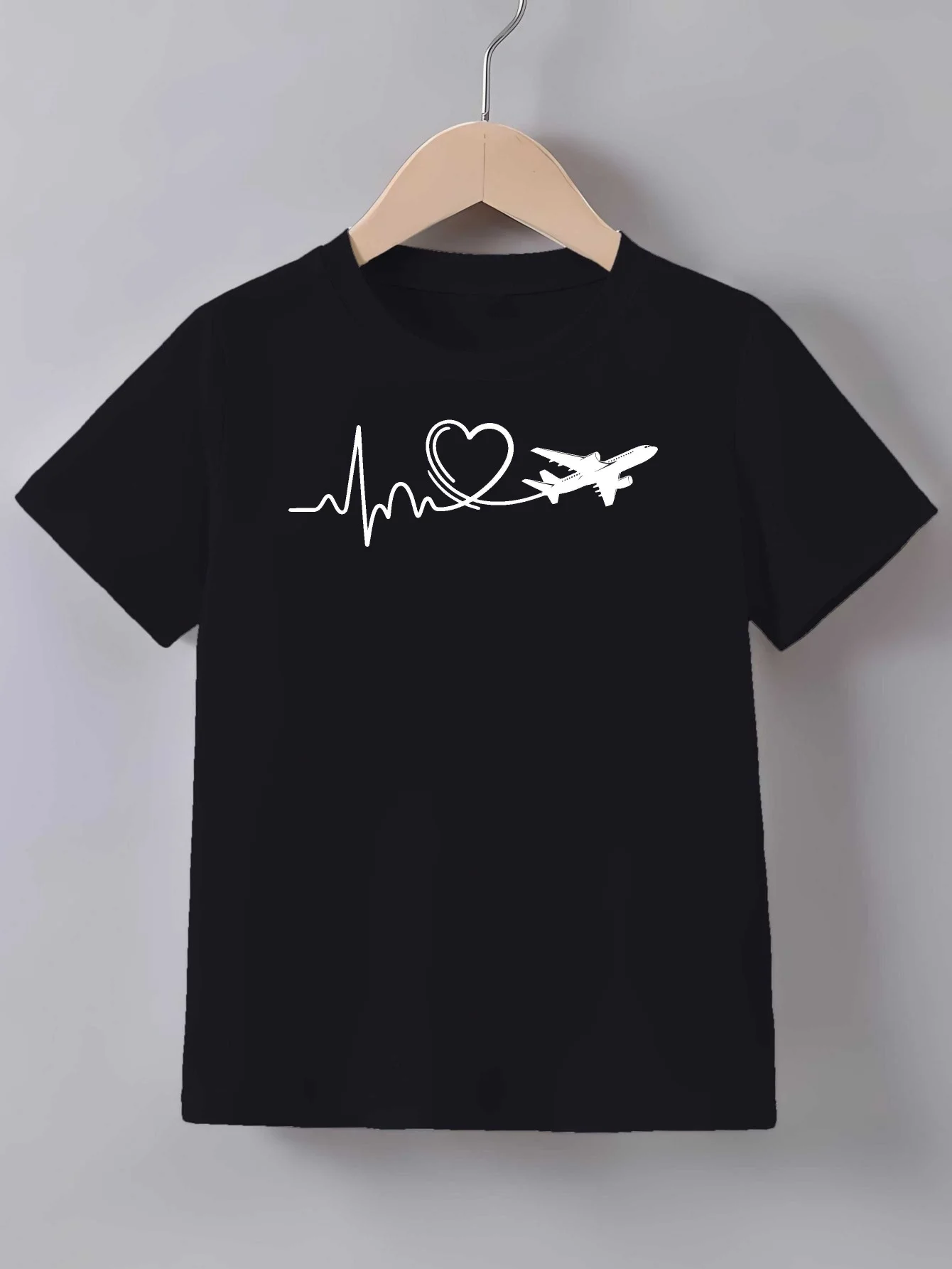 Family Matching T Shirt Minimal ECG Heart Plane Graphic Print Short Sleeve Cotton Tee For Boys Girls Kids Daily Casual Wear