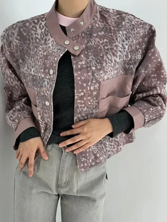 Chaqueta Vaquera Hoada con Estampado de Leopardo Estilo Coreano para Mujer, Diseño Vintage con Parches, Chaqueta Corta de M...