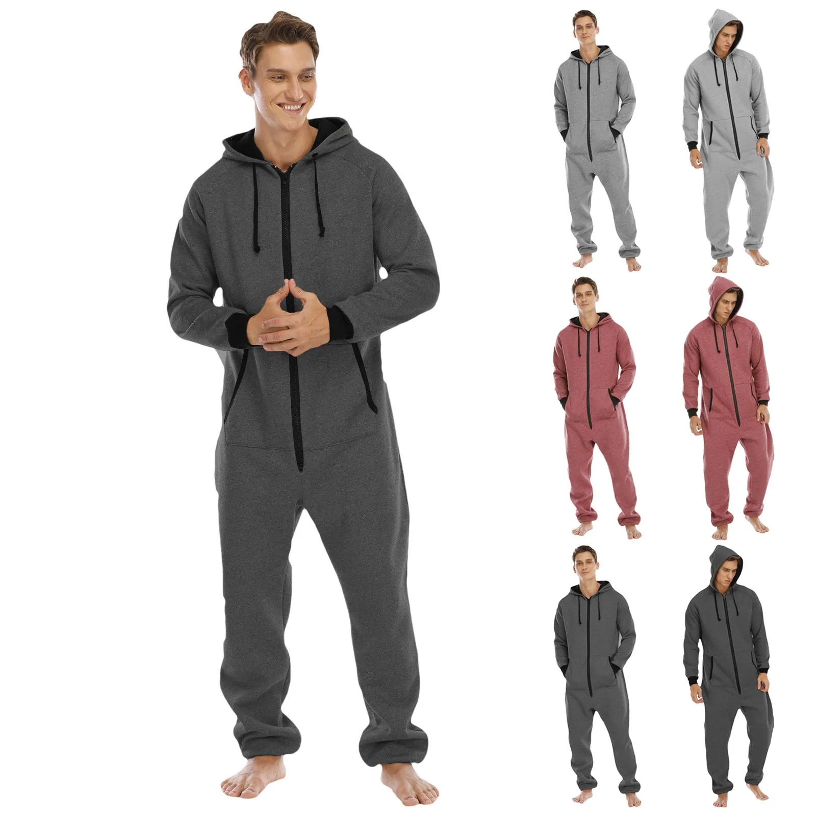 Mens Onesie Jumpsuit Pajamas Long Sleeve Sweatpants solid Color Splicing Autumn Winter Casual Hoodie Male Zipper Jumpsuit