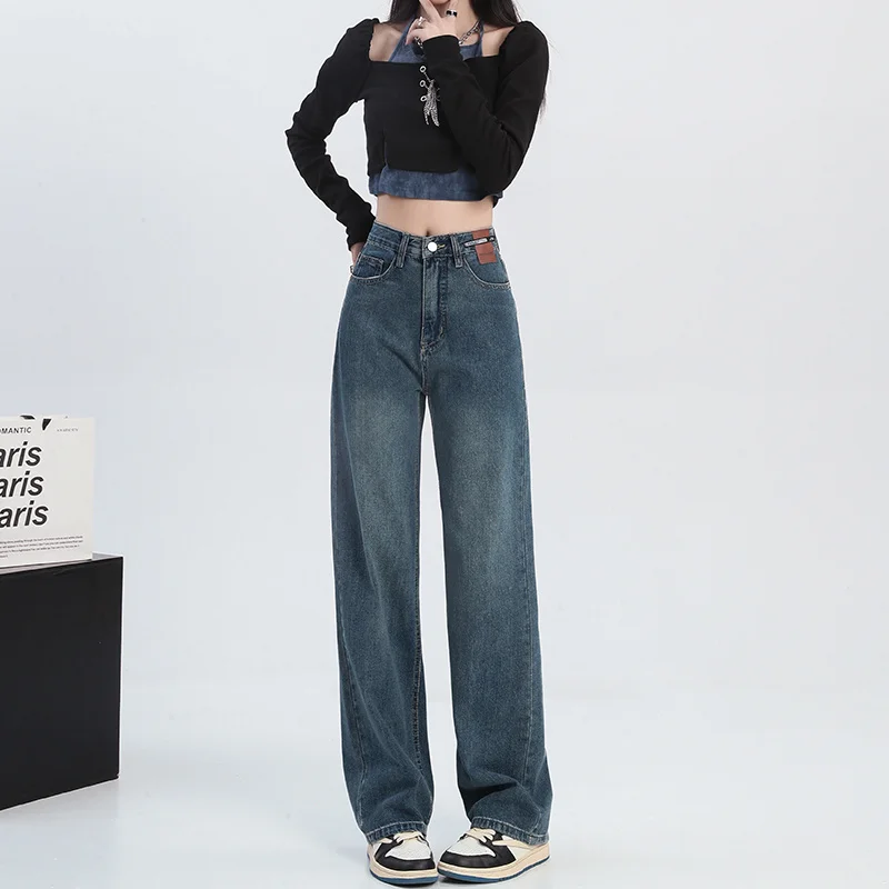 Autumn Winter New Style Wide Leg Floor Length Jeans Women's Slimming Fitting Blue Denim Pants High Waist Zipper Closure