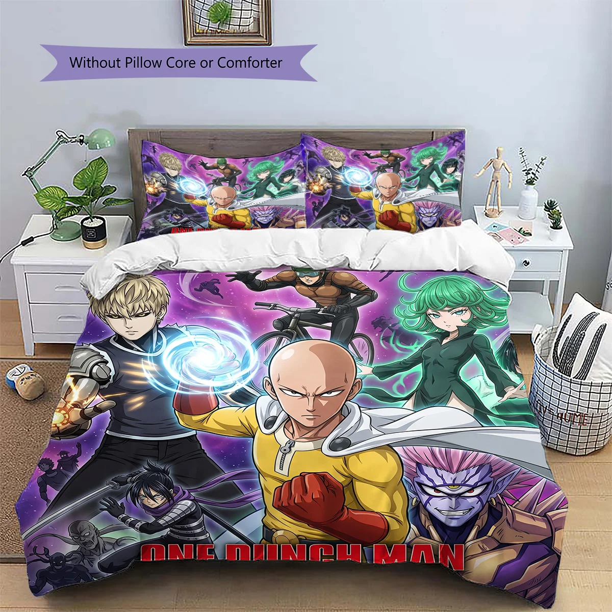 One Punch Man Patterned Pillowcase & Duvet Cover Set Anime Style Gift for Enthusiasts Bedroom Bedding Decor Set YUN6518