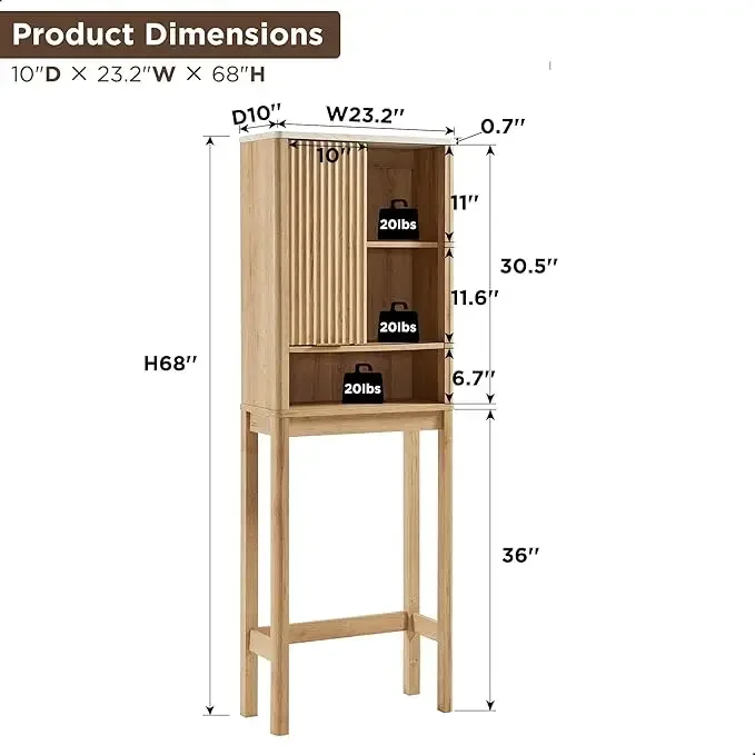 Over The Toilet Storage Cabinet with Fluted Sliding Door, 68