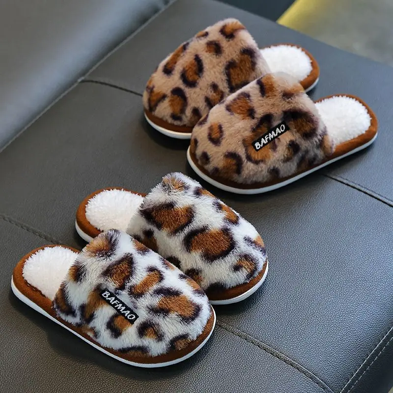 Kids'Slippers Plush Cartoon Color Blocking Winter Shoes For Children Anti-slip Thick Bottom Home Slipper White Brown Size 24-39
