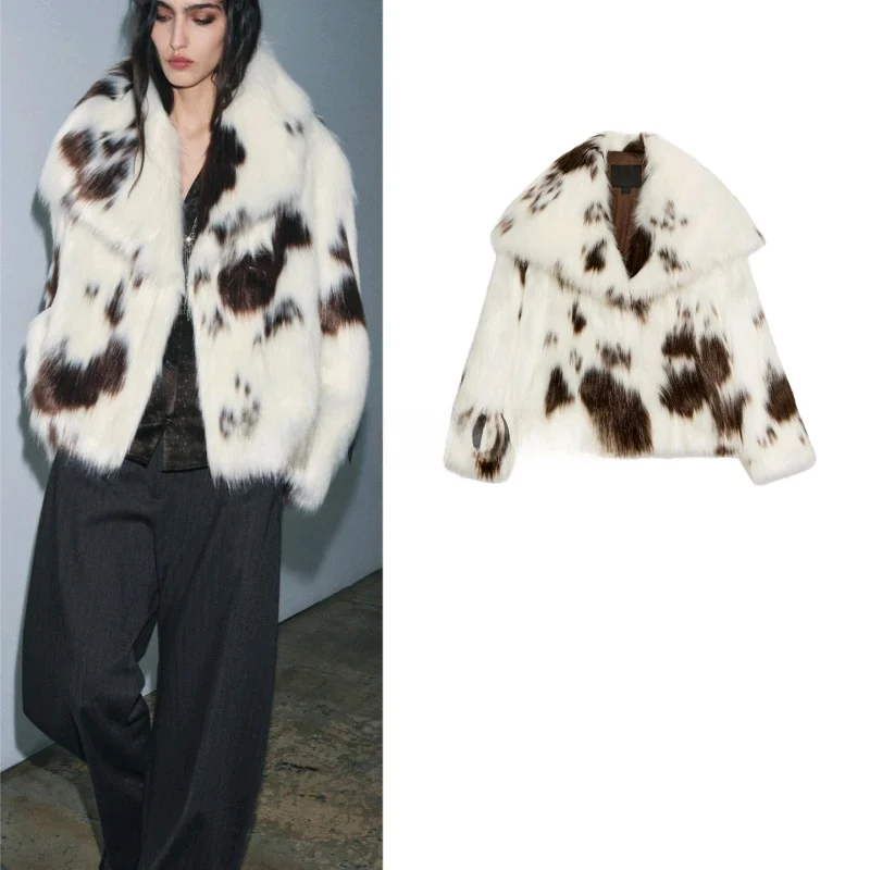 

Winter New Women's Long Sleeve Collar Printed Artificial Fur Effect Jacket Casual Style Short Length Fashion Ladies Coat