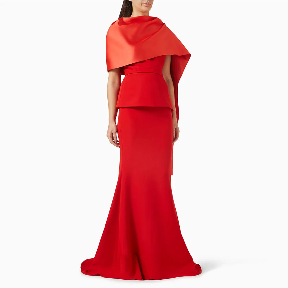 

Red Prom Dress Sheath Women's Evening Dress Sleeveless Formal Wedding Party Dress Floor Length Saudi Gown With Shawl