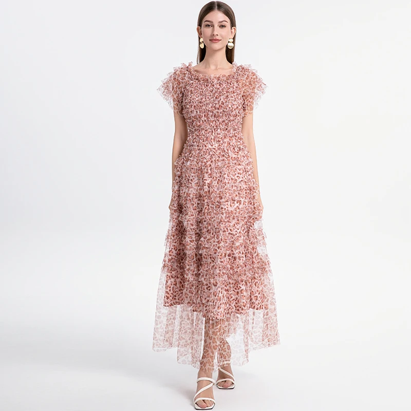 

Temperament Mesh Dresses For Women Slash Neck Short Sleeve Mid Waist Elegant Formal Dress Female Fashion Clothes