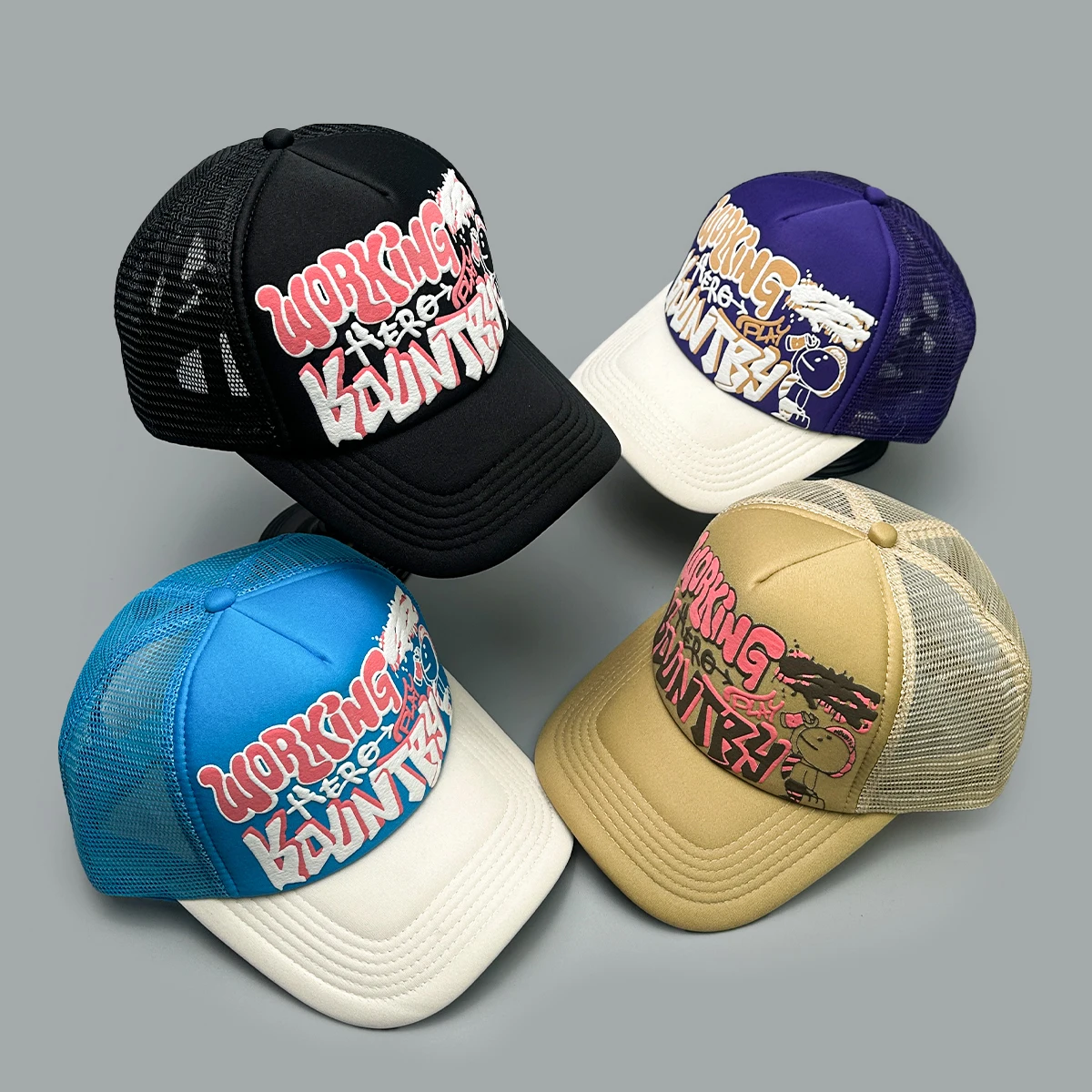 

Cartoon Character Graffiti Printed Letter Baseball Hats New Unisex Sunshade Color Block Breathable Versatile Mesh Trucker Caps