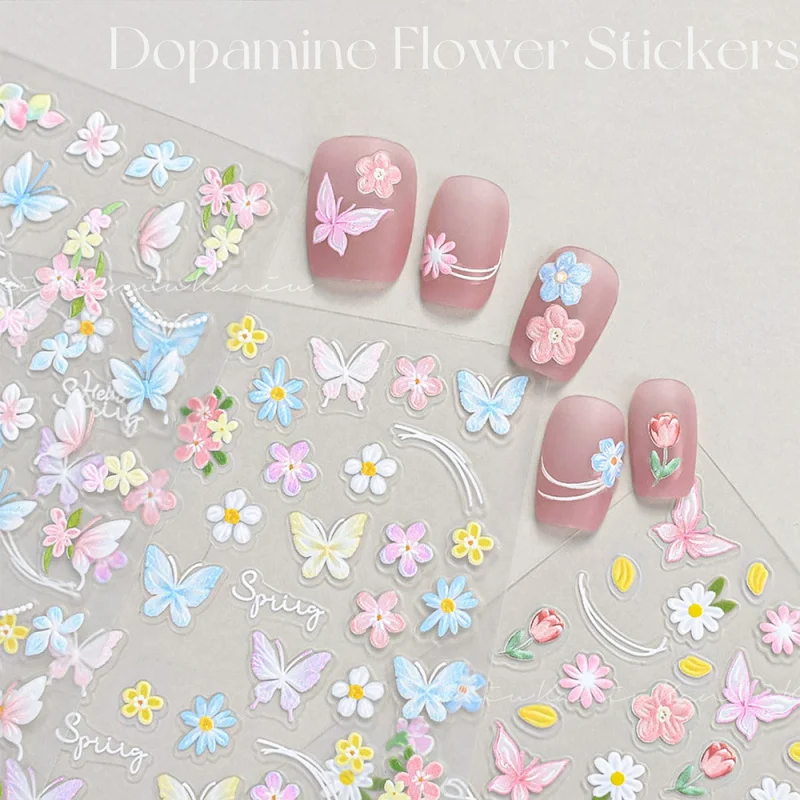 1Pcs Dopamine Flower Butterfly Nail Art Stickers Colorful Floral Self Adhesive Nails Decals DIY Spring Fresh Manicure Decoration