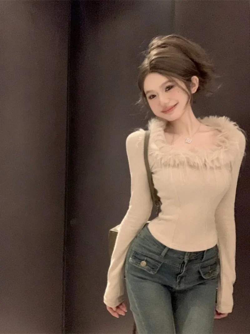 Fur Collar Sueter Mujer Slim Y2k Square Collar Gray Knitted Sweater Female Long Sleeve Top 2024 Shirts for Women Jumper