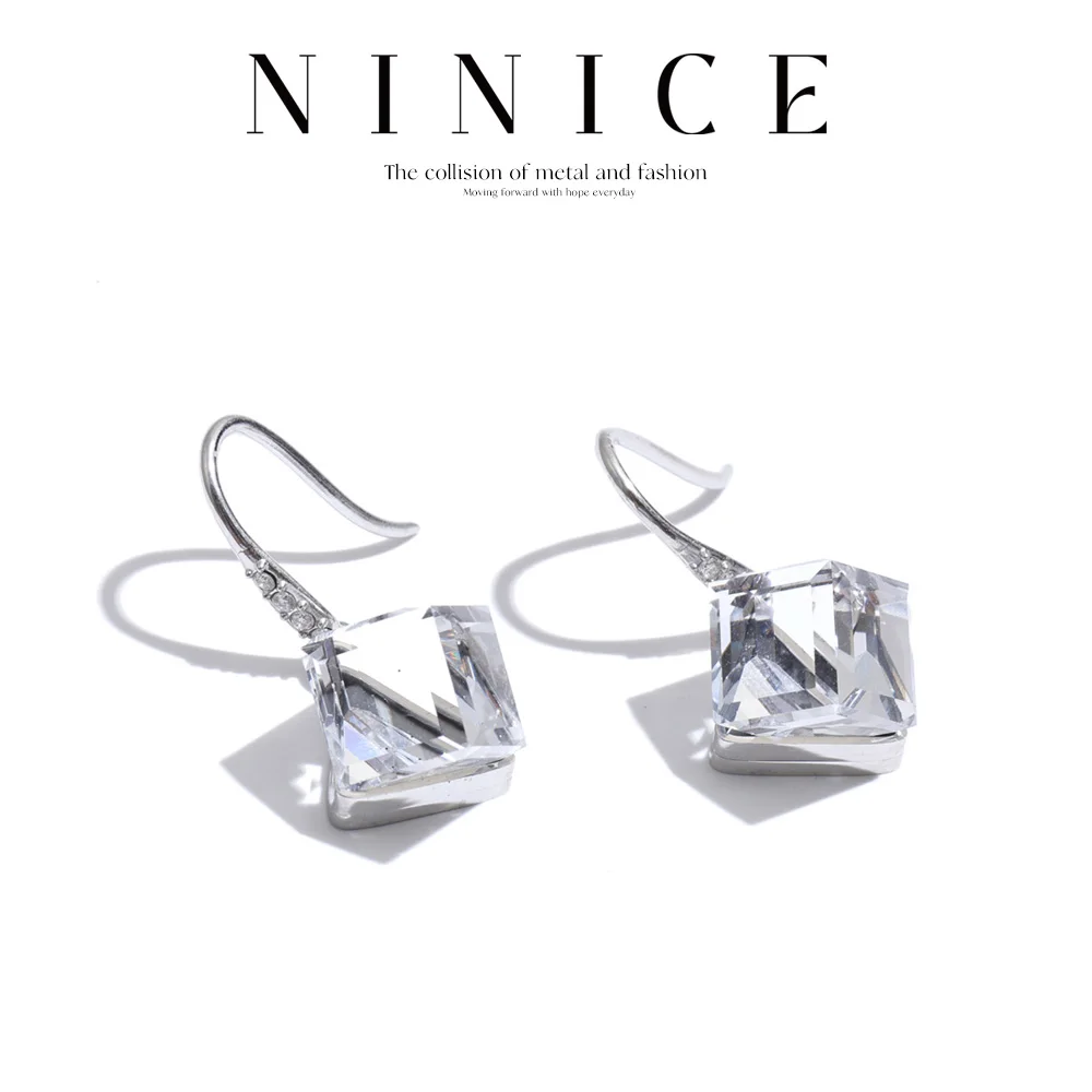 NiNice Shiny K9 Crystal Square Drop Earrings Multi Color Stainless Steel Exquisite Trendy Daily Women Jewelry Gift
