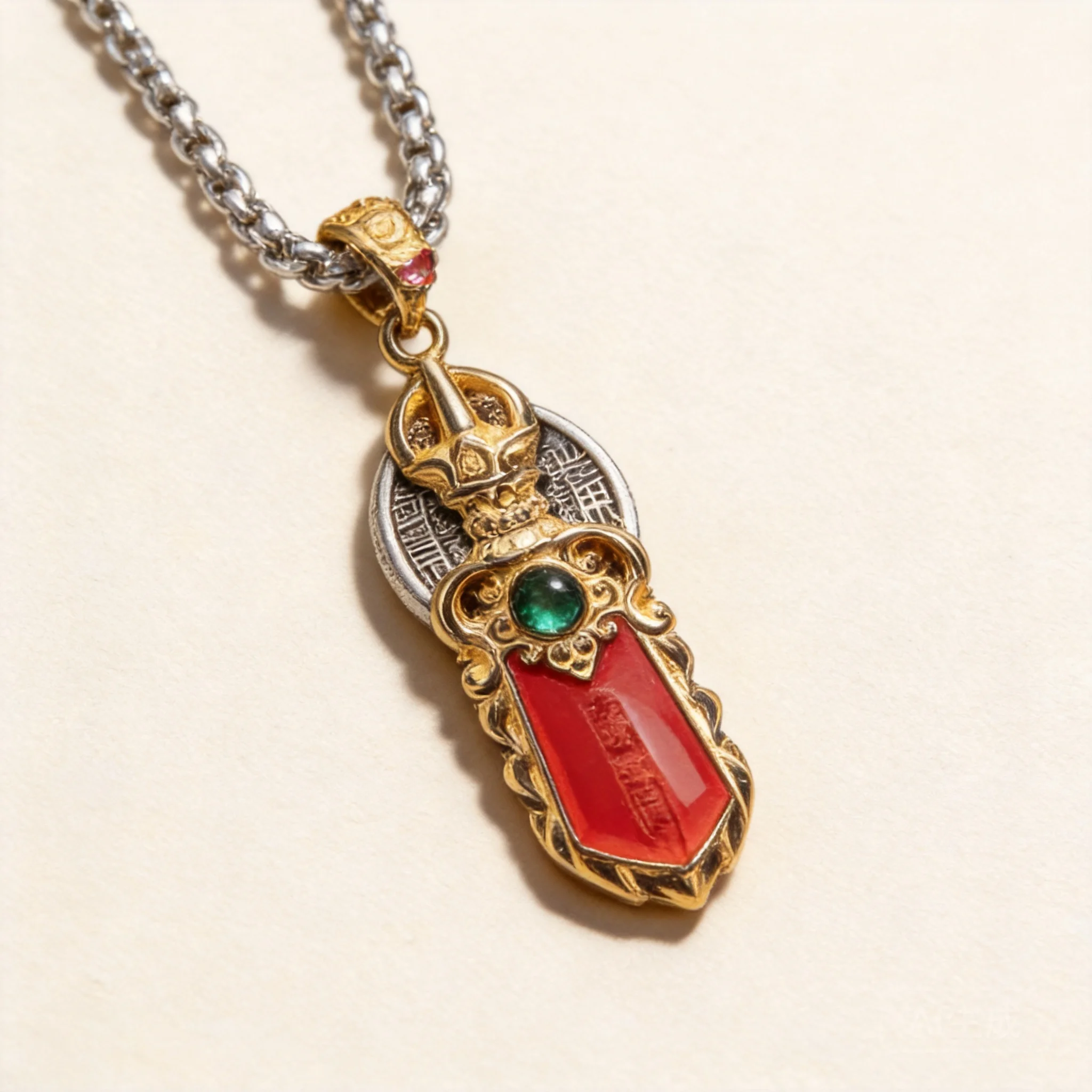 Chinese Style Mountain Ghost Coin Sword Shaped Pendant Copper Silver Plated Attract Wealth Good Luck Blessing Amulet Necklace