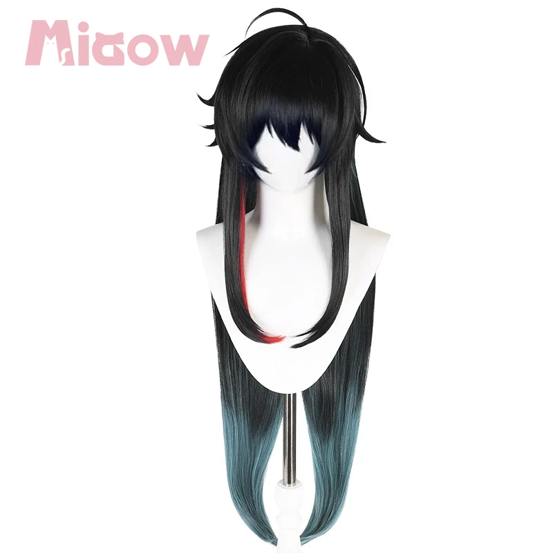 Honkai: Star Rail Dan Heng Imbibitor Lunae Cosplay Wig, Black with Red Streak Gradient Teal Long Straight Wig for Halloween