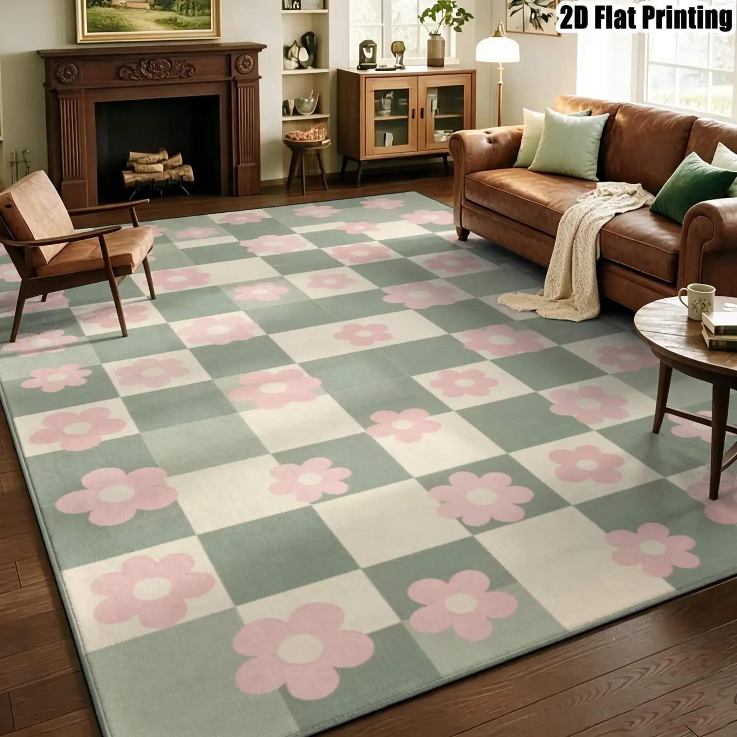 1Pc 2D Printed Carpet: Fresh Pink Green Floral, Nordic/Instagram Minimalist Modern Geometric Striped, Machine Washable Multi-Size Home Decor Mat for Entryway, Dining Room, Foyer, Living Room, Bedroom