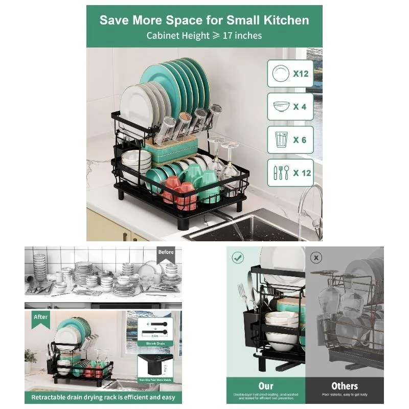 

2-tier dish drying rack with drainboard and removable utensil holder, swivel spout, adjustable height, compact kitchen organizer