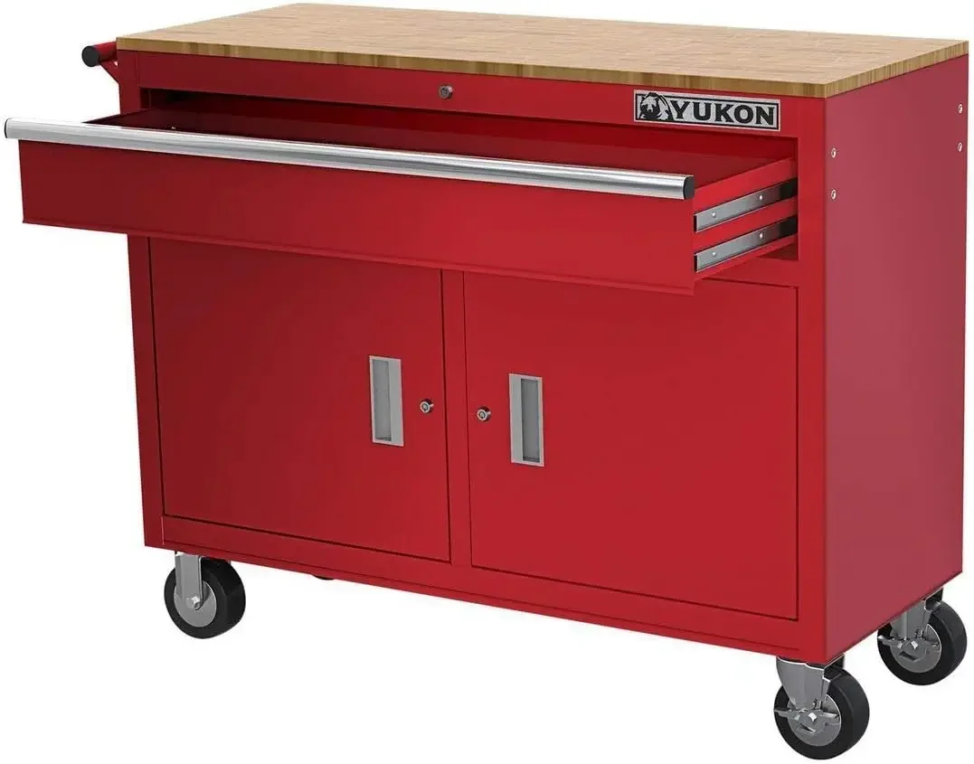 Yukon 46inch Mobile Workbench With Solid Wood Top , Red