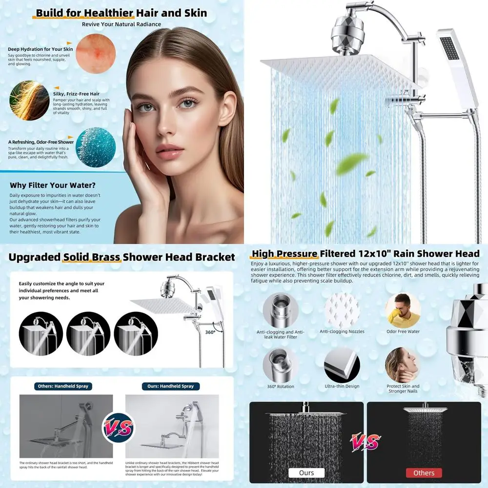 12 High Pressure Shower Head Combo with Handheld, Filtered Rainfall, 16 Extension Arm, 20-Stage Filter, 71 Hose, Chrome Finish