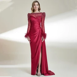 Luxury Mother of the Bride Dresses for Weddings Crystal Beads Red Wedding Guest Gown Long Sleeves Feather Side Slit Evening