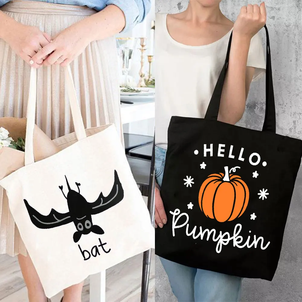 Halloween Totes Hello Pumpkin Trick or Treat Totes Cute whoooaa BAT Tote Bag  Black Natural Shoulder Shopper Spooky Shopping