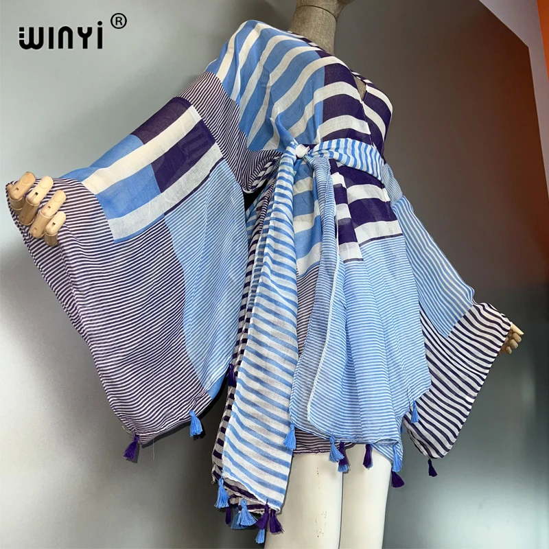 WINYI Bohemian Kimono Strand Outfits Frauen Sommer Strand Cover Up Boho Cardigan Stich Selbst Gürtel Urlaub Langarm Print Mantel
