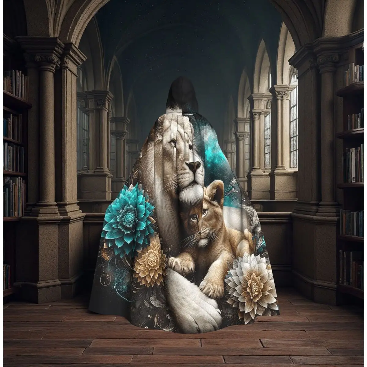 

Themed Vibrant Lion Family Patterns Long Hooded Cloak Witch Medieval Costume Cosplay Cape HalloweenCoat Adult Unisex