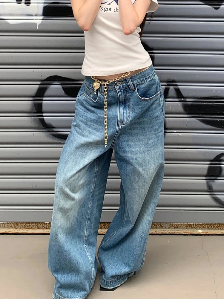 

Washed Blue Jeans High Waist Straight Leg Loose Fit Floor Length Wide Leg Pants Retro American High Street Style Women's plus...