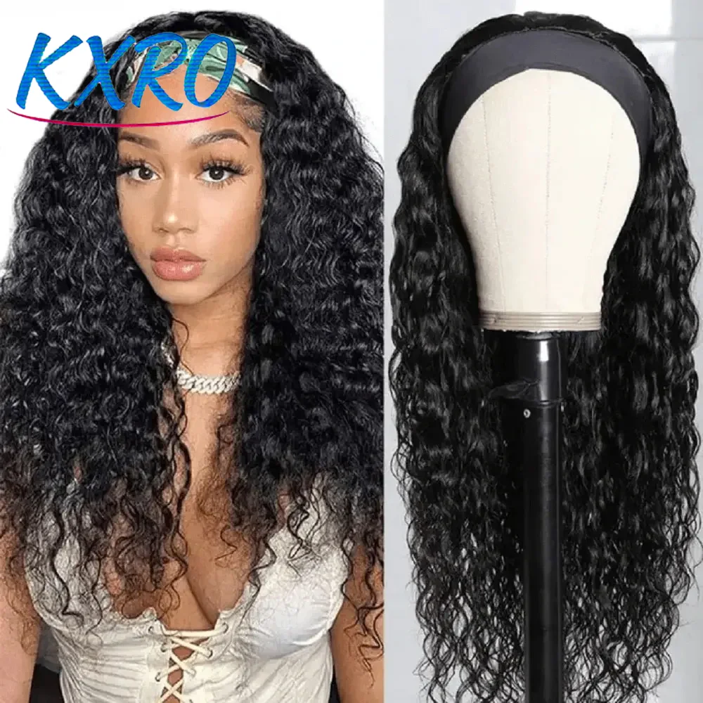

Парик из натуральных бразильских волос Deep Wave Curly, полностью машинной работы, без клея, с повязкой на голову, для женщин, по акции
