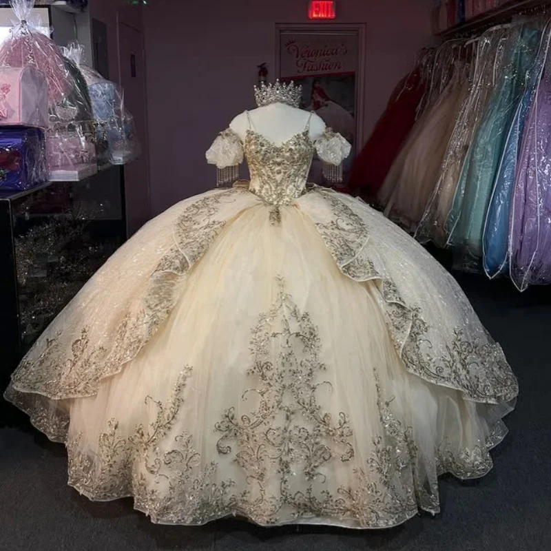 

Light Champagne Quinceanera Dress off-shoulder beading glitter decal Long tail Bow vestidos de 15 Quinceanera ﻿Customize