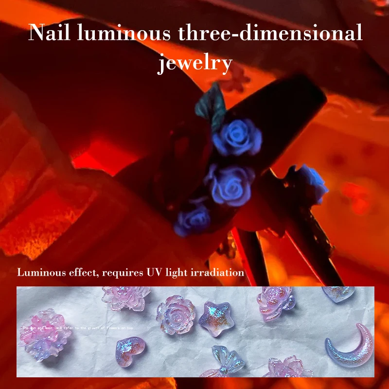 50PCS 레진 3D 야간 조명 네일 아트 참 야광 그라데이션 연꽃 나비 달 매니큐어 DIY 장식 액세서리