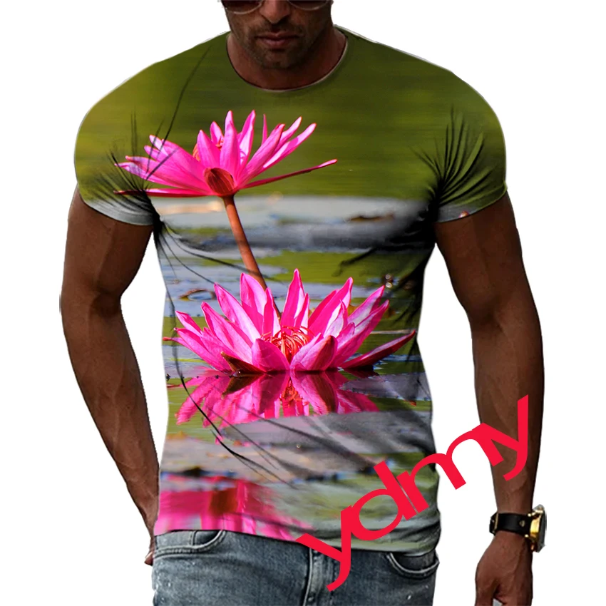 

Tide Fashion Summer Lotus Picture Men's T-shirt Casual Print Tees Hip Hop Personality Round Neck Short Sleev Quick Drying