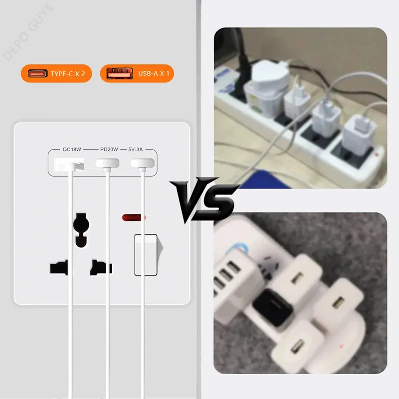 Universal 3Pin Wall Socket With 20W Fast Charging Type-C USB Port,UK Plastic Electrical Wall Dual Type-C Power Outlet AC110-250V view 2