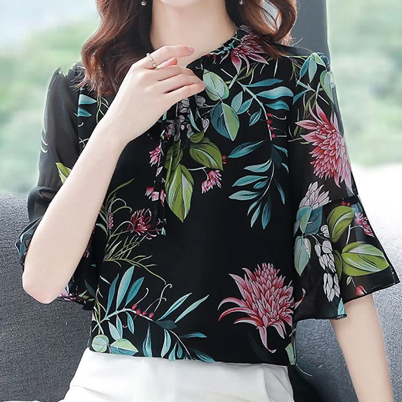 Vintage Chiffon Thin Blouse Summer New Short Sleeve Printing Lacing All-match Plus Size Shirt Tops Elegant Fashion Women Clothes