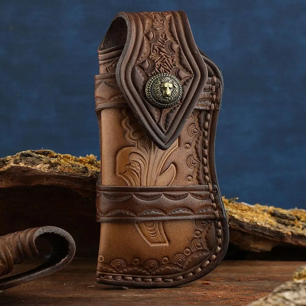 Brown Fold Knife Two Layer Cowhide Outdoor Carry Bag Flashlight Belt Loop Leather Sheath Pocket Hunt Holder