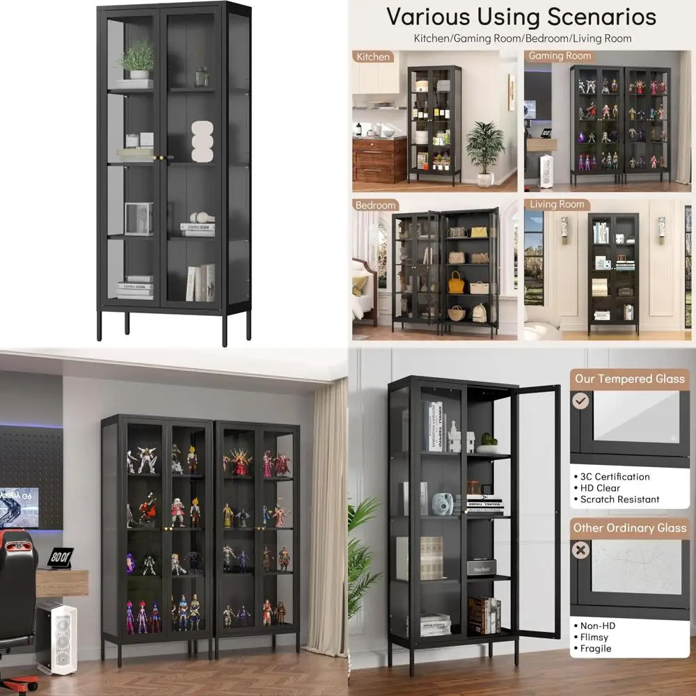 

Tall Black Curio Cabinet with 3-Sided Tempered Glass for Collectibles and Figures