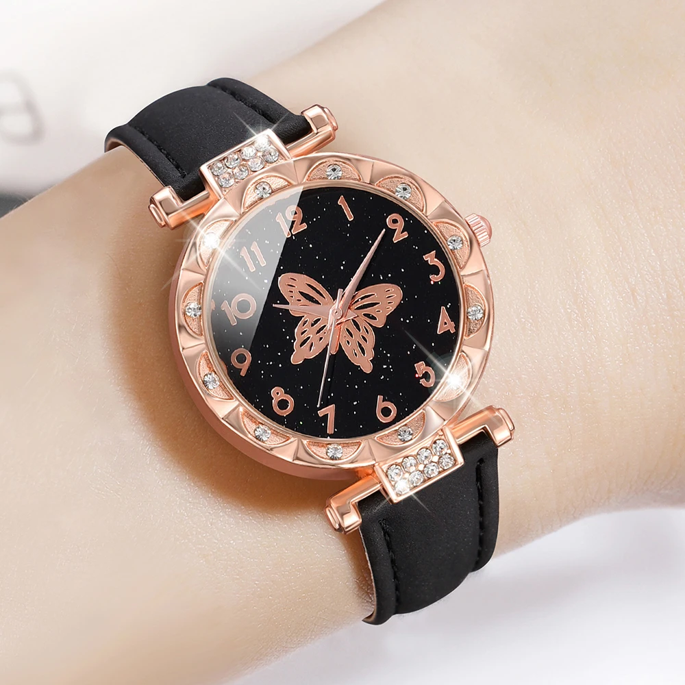 1PCS Simple Luxury Butterfly Element Leather Strap Watch Black Casual Fashion Quartz Watch Is The Perfect Gift For Her (No Box)