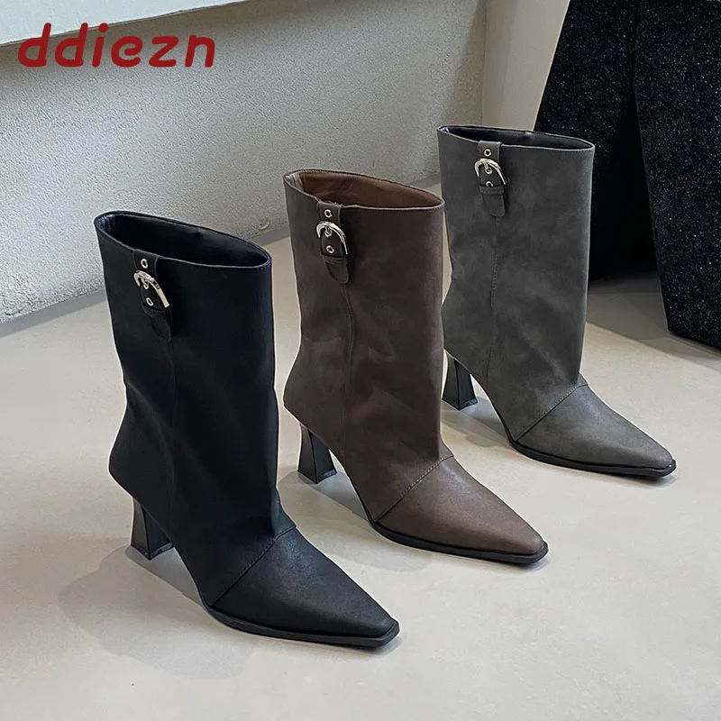 Fashion Pointed Toe Ladies Booties Heels Shoes Female Designer Buckle Modern Women Ankle Boots New In Autumn Winter