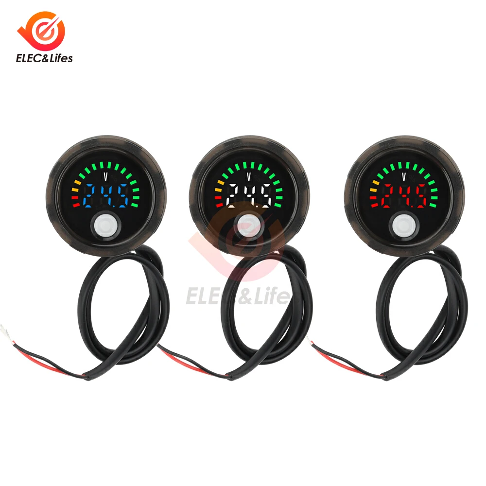 DC 7-100V Car Voltage Gauge LED Digital Display 12V 24V Waterproof Voltmeter Round Voltage Meter Battery Capacity Monitor