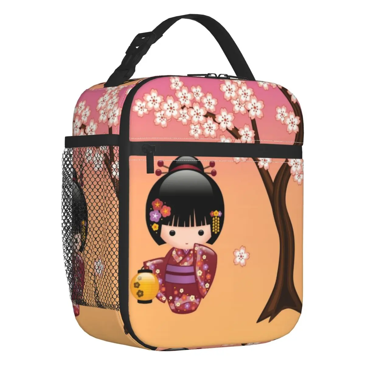 

Custom Japanese Sakura Kokeshi Doll Lunch Bag Men Women Cooler Warm Insulated Lunch Boxes for Children School