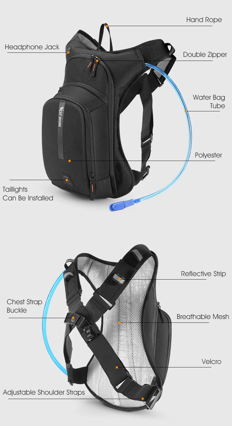 WEST BIKING 20L Fahrrad-Hydrationsrucksack Ergonomischer Kreuzgurt Kletter- und Wanderrucksack für Outdoor-Sport und Reisen mit Reflektoren – Detail 3