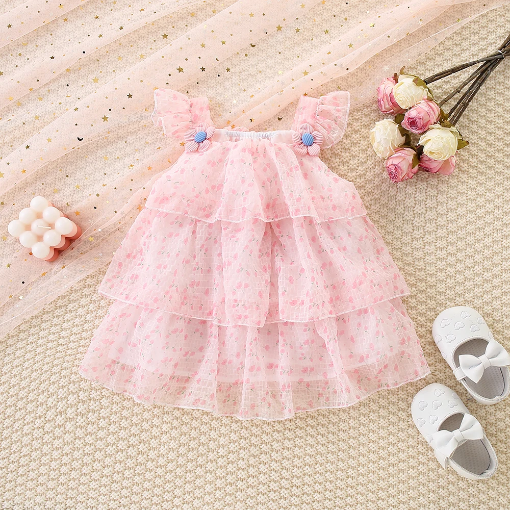 Summer New Girl Baby Dress Solid Color Flower Mesh Light and Thin Small Flying Sleeves Sweet Princess Dress