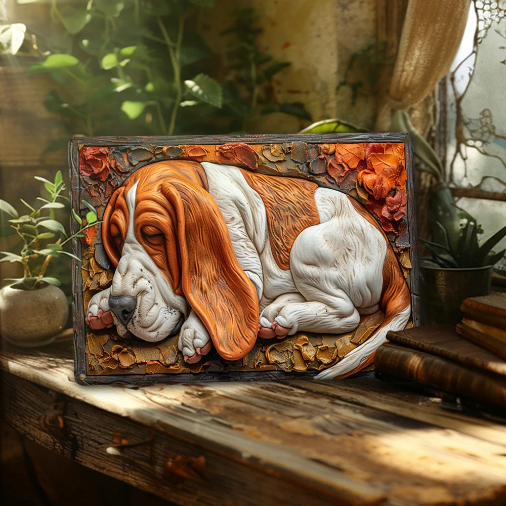 Basset Hound 3D Embossed Metal Sign Wall Art, Plaque for Home & Office, Vintage Autumn Winter Theme, Ideal Gift for Mother\'s Day