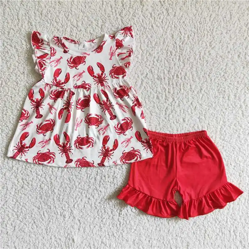 Toddler Summer Baby girls Red Crawfish outfits flutter sleeves Top red Shorts kids clothing sets Children boutique clothes